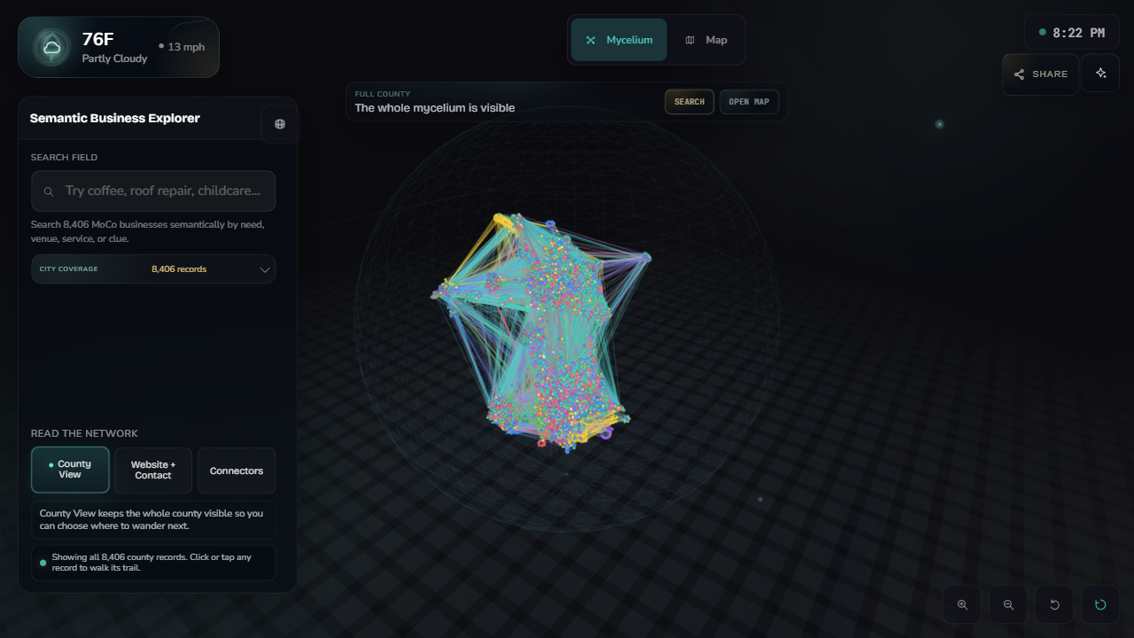 County-wide semantic network view with thousands of business nodes.